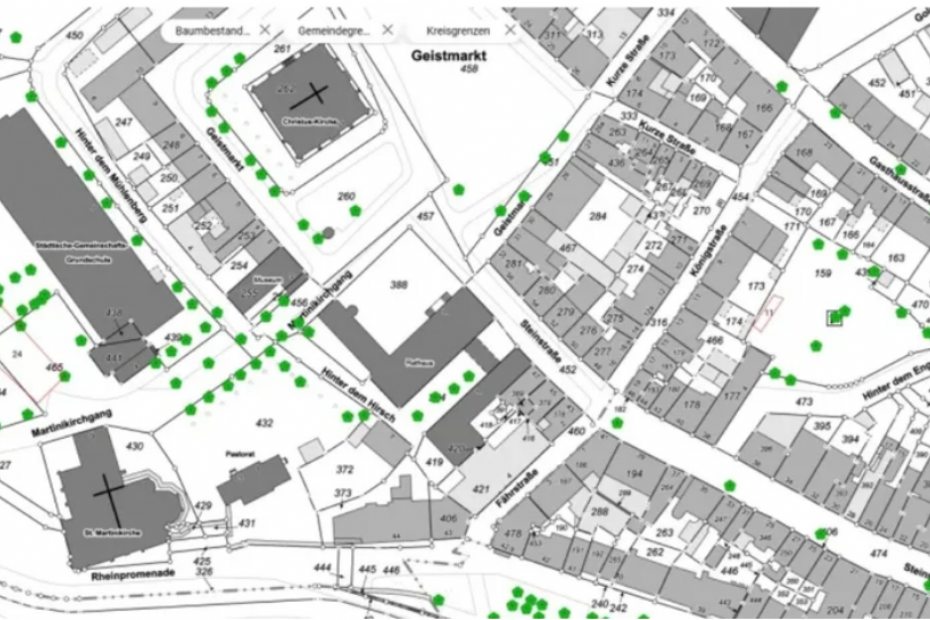 Screenshot van het digitale bomenregister: de groene bloesems markeren de individuele bomen waarover informatie beschikbaar is. Illustratie: gemeente Emmerich